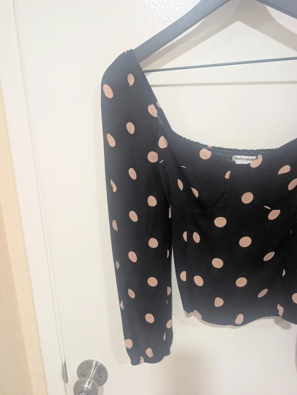 Reformation Black And Pink Polka Dot Smocked Top